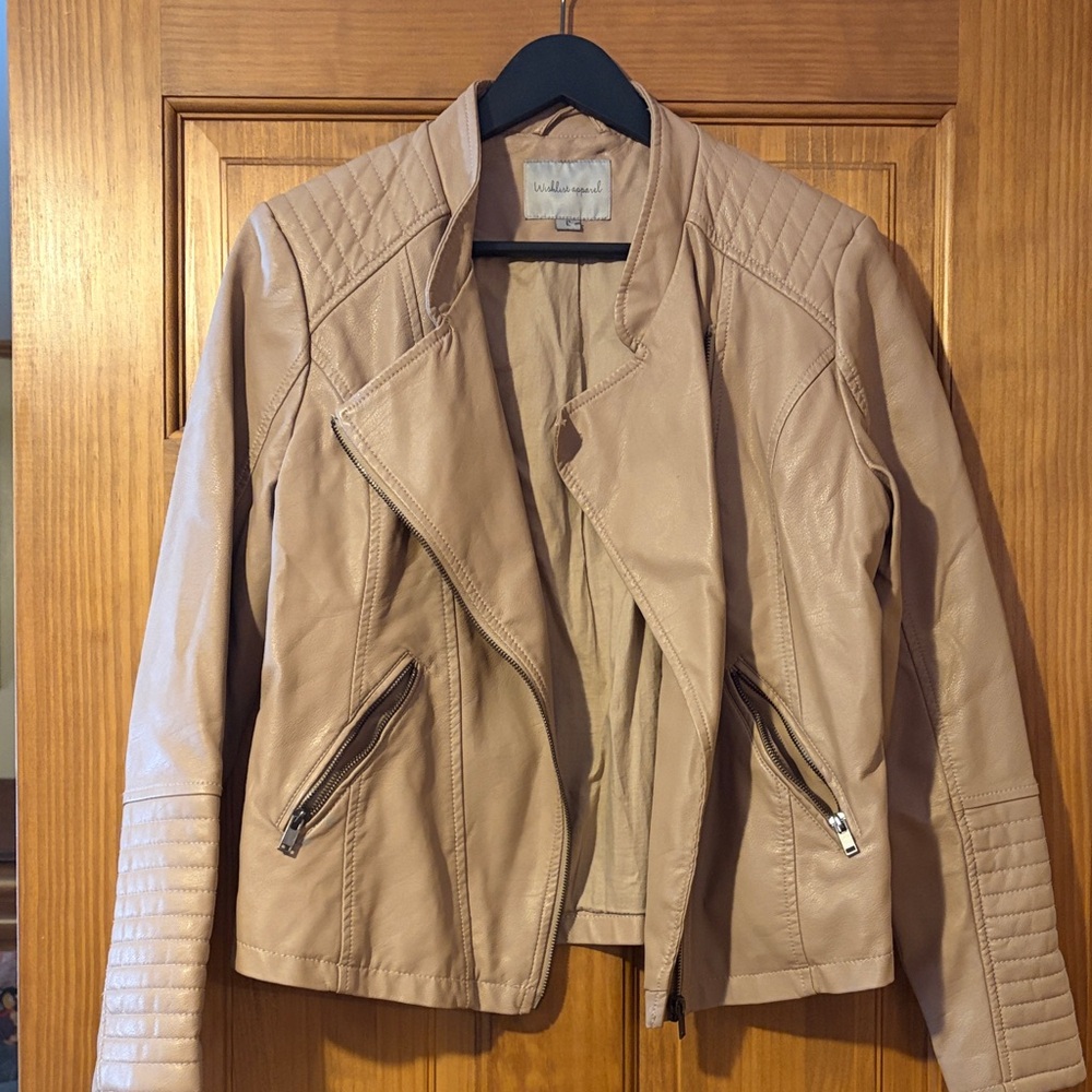 Stylish Beige  faux Leather  moto Jacket for Women